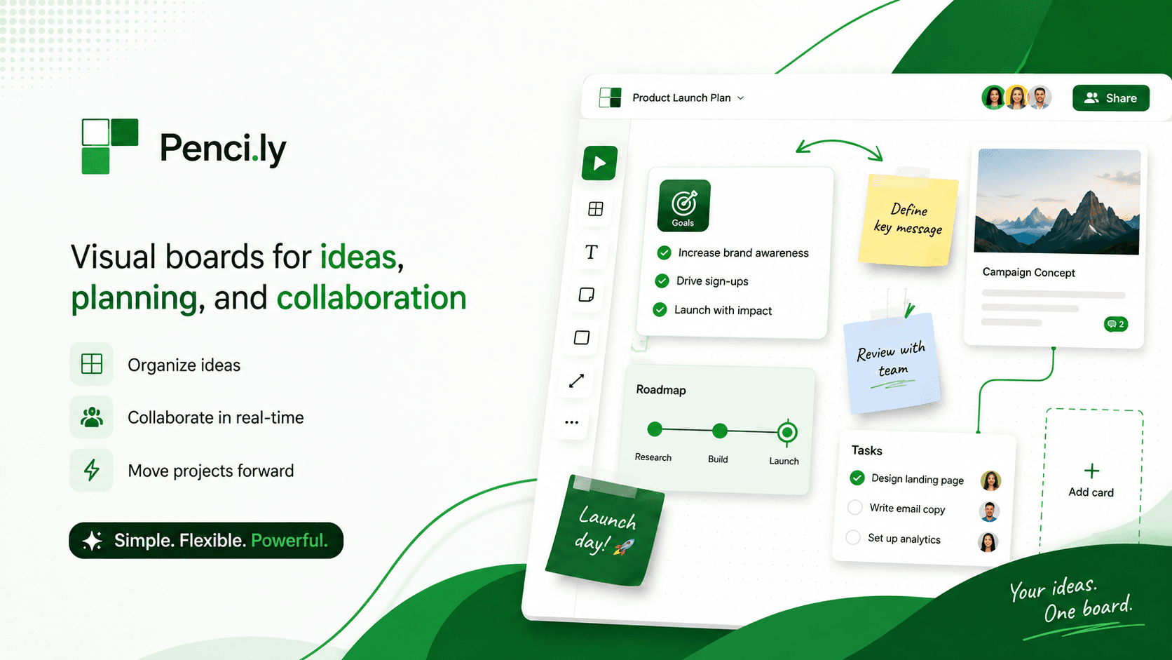 Penci.ly product banner: the logo beside the line ‘Visual boards for ideas, planning, and collaboration’, next to a board holding a goals card, a roadmap, handwritten sticky notes and a task list